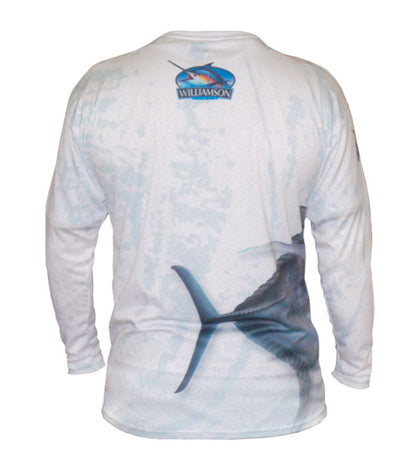 long sleeve white fishing shirt with a GT on it
