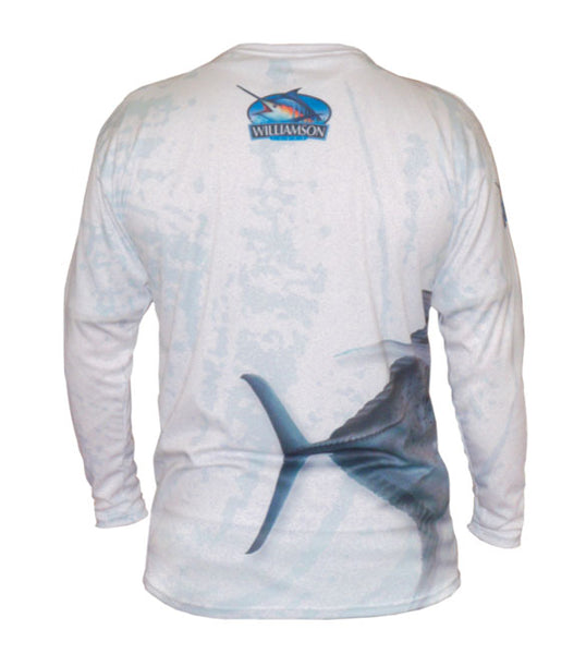 long sleeve white fishing shirt with a GT on it