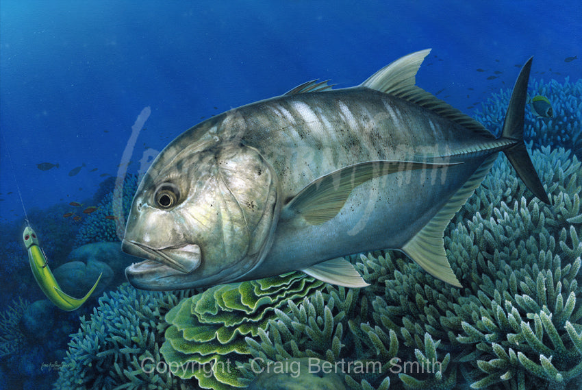 a painting of giant trevally over a coral reef