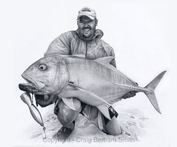 a pencil drawing of a fisherman holding a big GT fish