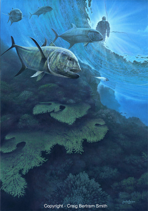 a painting of a GT chasing a fly at the edge of a coral head