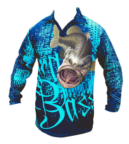 long sleeve black fishing shirt with a large mouth bass on it