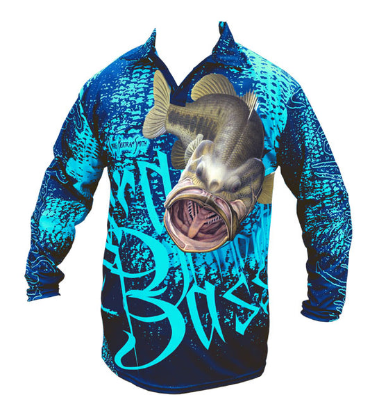 long sleeve black fishing shirt with a large mouth bass on it