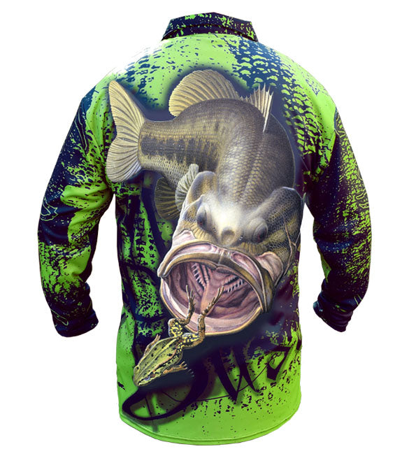 long sleeve black fishing shirt with a large mouth bass on it