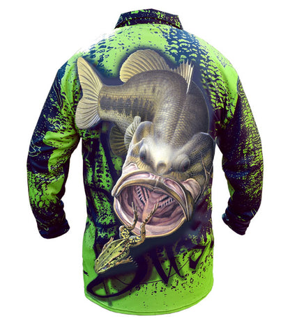 long sleeve black fishing shirt with a large mouth bass on it