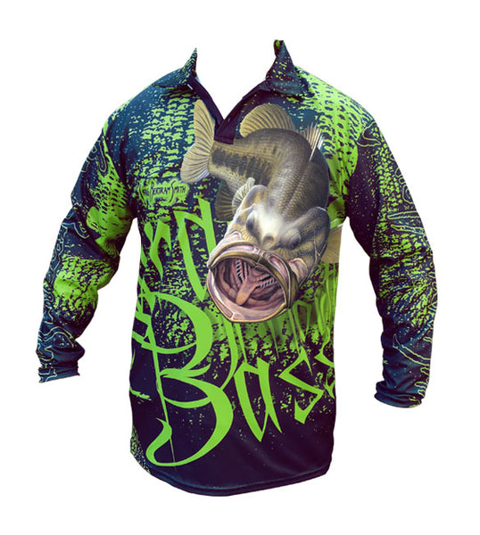 long sleeve black fishing shirt with a large mouth bass on it