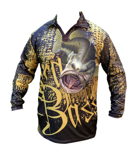 long sleeve black fishing shirt with a large mouth bass on it