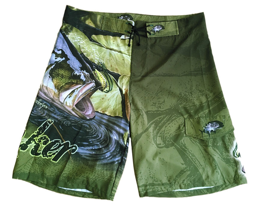 board shorts with a bass on it