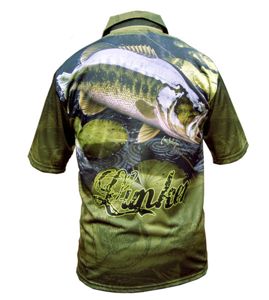 long sleeve fishing shirt with a large mouth bass on it