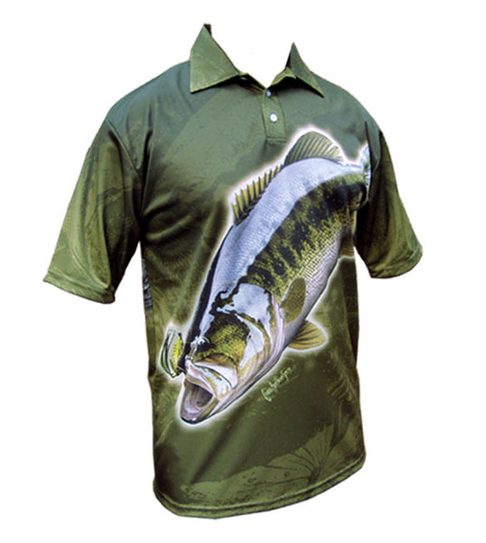 short sleeve fishing shirt with a bass on it