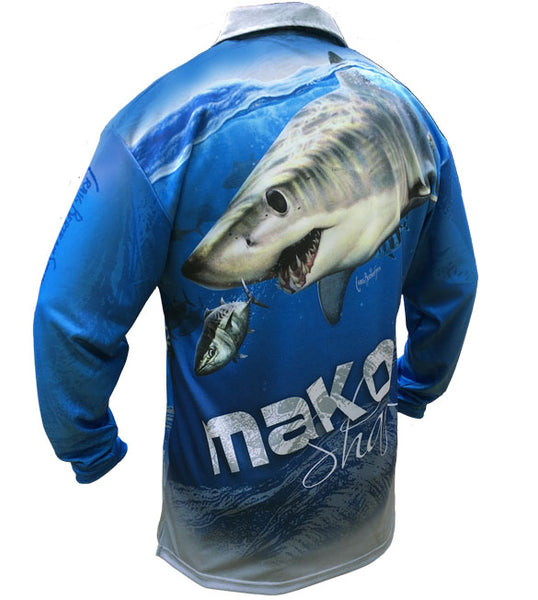 long sleeve black fishing shirt with a mako shark on it