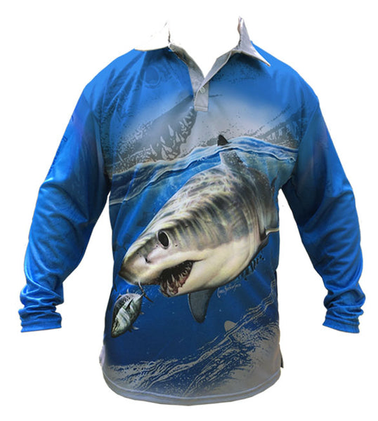 long sleeve fishing shirt with a shark image on it