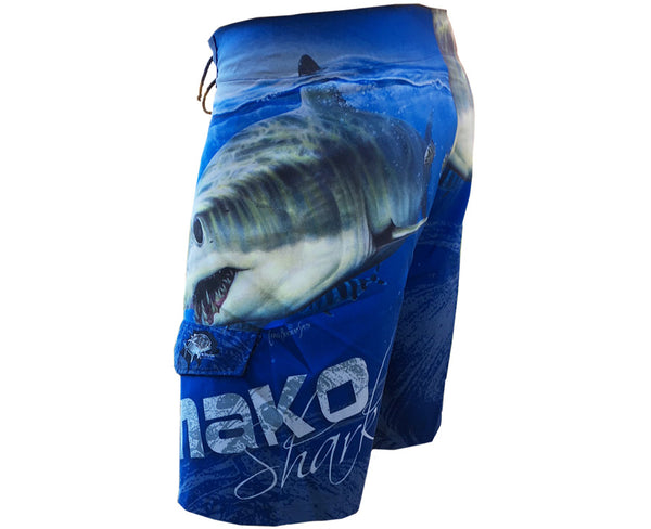 board shorts with a mako shark on it