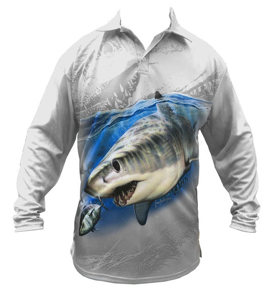 long sleeve fishing shirt with a mako shark on it