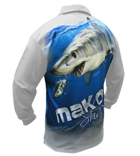 long sleeve fishing shirt with a mako shark on it