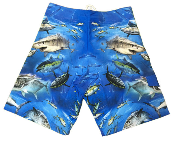 board shorts with a game fish on it