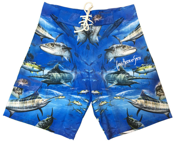 board shorts with a fish on it