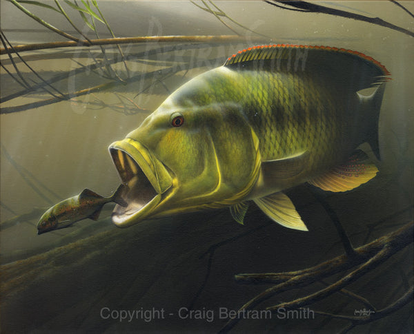 a painting of a nembwe chasing a bulldog fish underwater