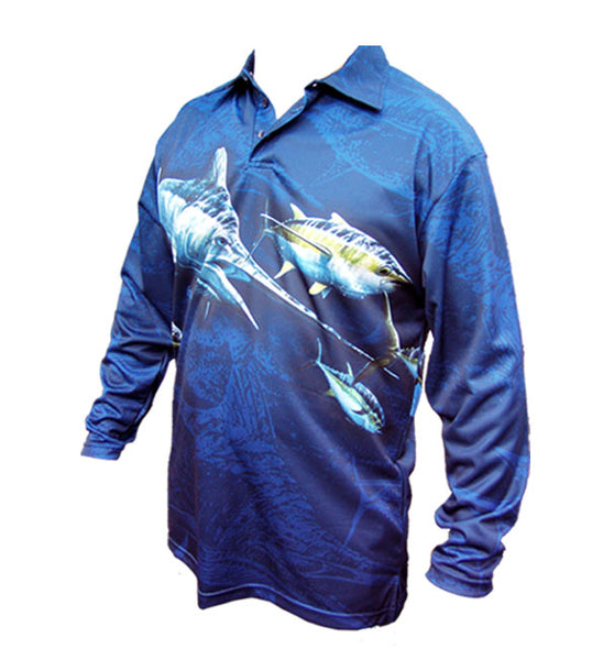long sleeve shirt with a marlin image on it
