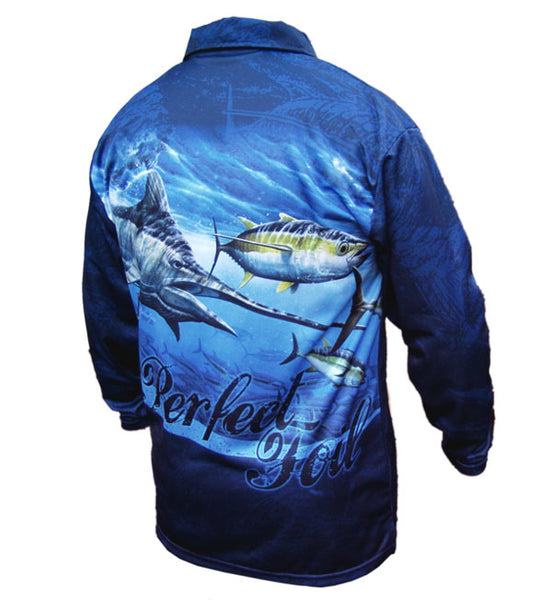 long sleeve fishing shirt with a marlin image on it