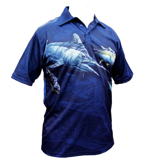 short sleeve fishing shirt with a marlin on it