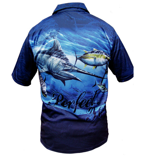 short sleeve fishing shirt with a marlin on it