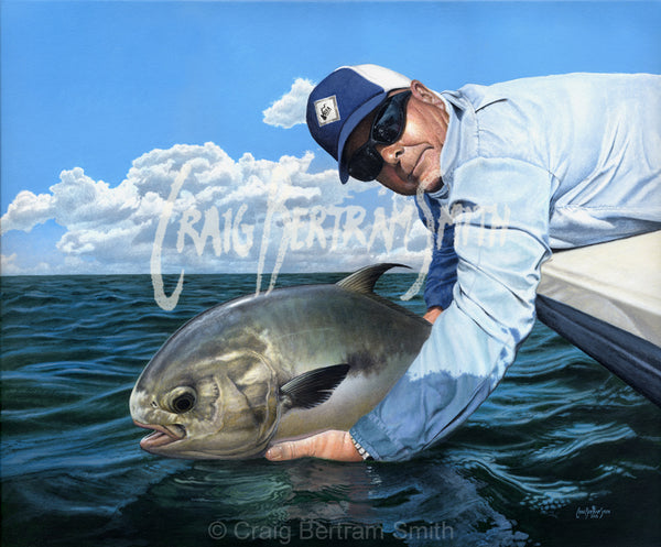 a painting of a fisherman holding a permit fish