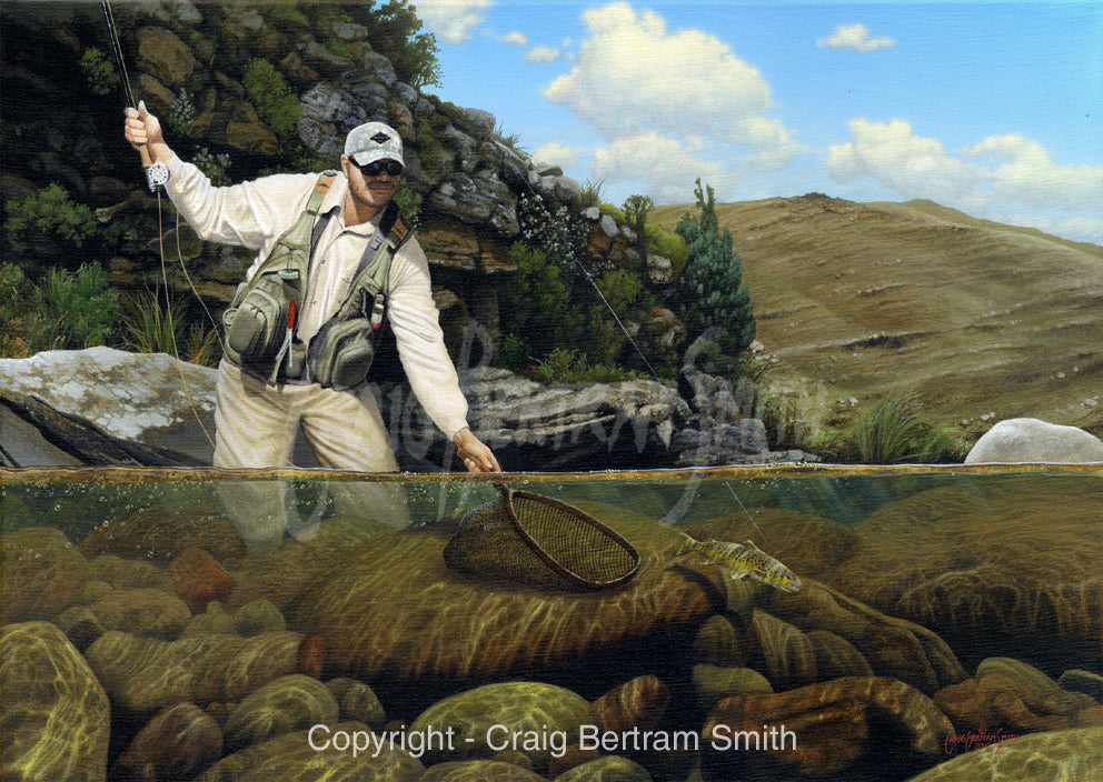 a painting of a fly fisherman catching a brown trout