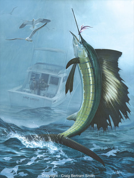 a painting of a sailfish jumping out of the water and a boat in the background