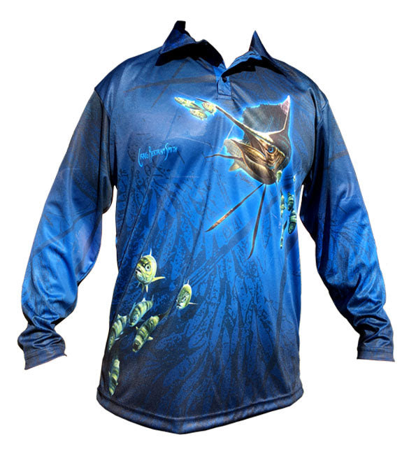 long sleeve fishing shirt with a sailfish image on it
