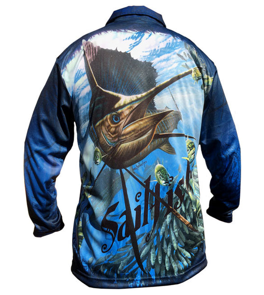 long sleeve fishing shirt with a sailfish image on it