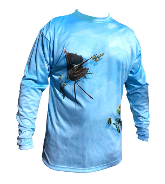 long sleeve fishing shirt with a sailfish image on it