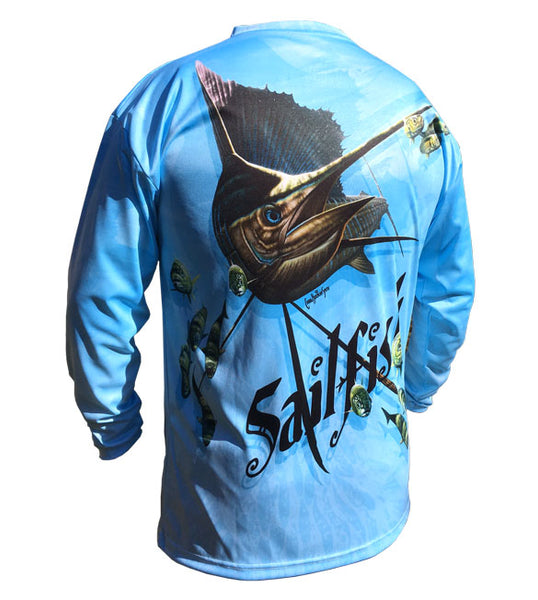 long sleeve fishing shirt with a sailfish image on it