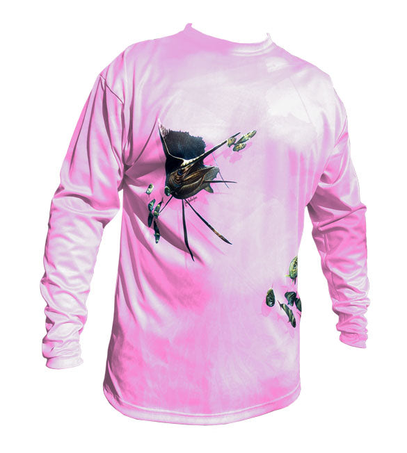 long sleeve fishing shirt with a sailfish image on it