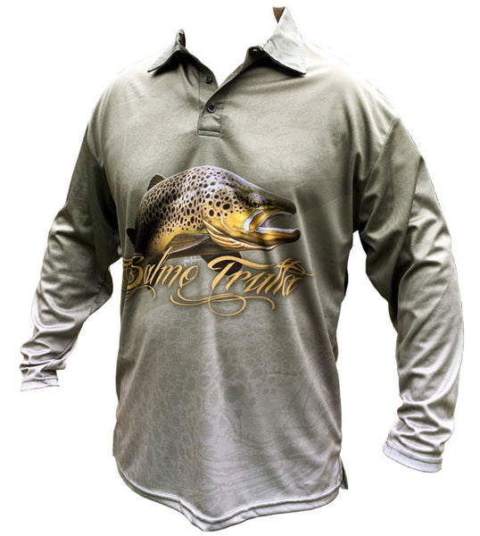 long sleeve fishing shirt with a brown trout image on it