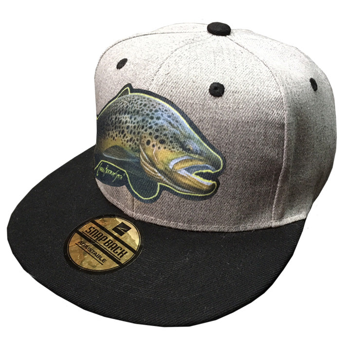 grey cap with a brown trout on it