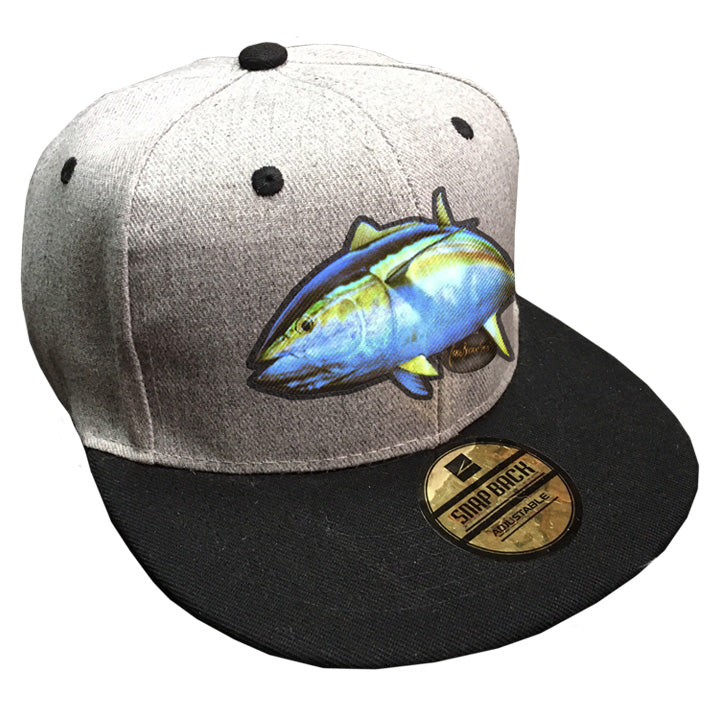 grey cap with a yellowfin tuna on it