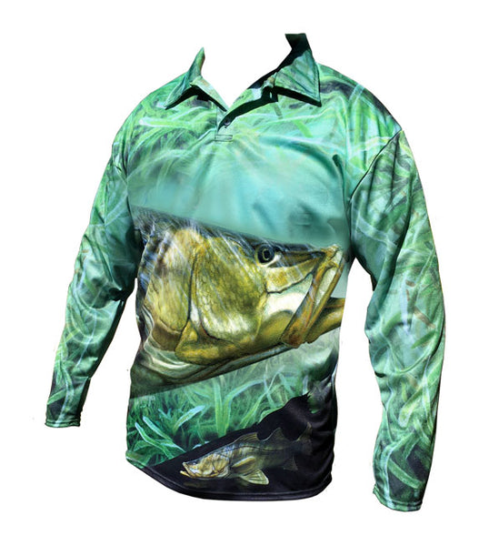 long sleeve fishing shirt with a snook image on it