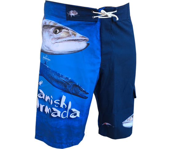 board shorts with a mackerel fish on it