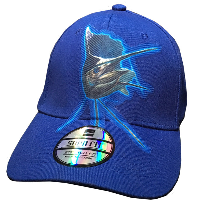 blue cap with sailfish artwork