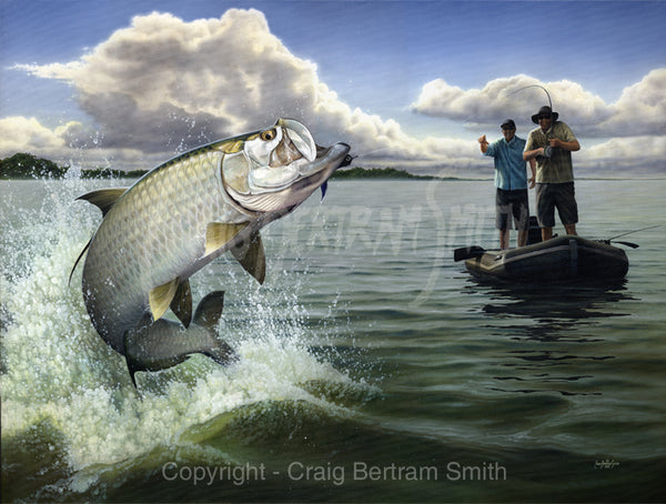 a painting of a tarpon jumping out of the water with a fly fisherman in the background