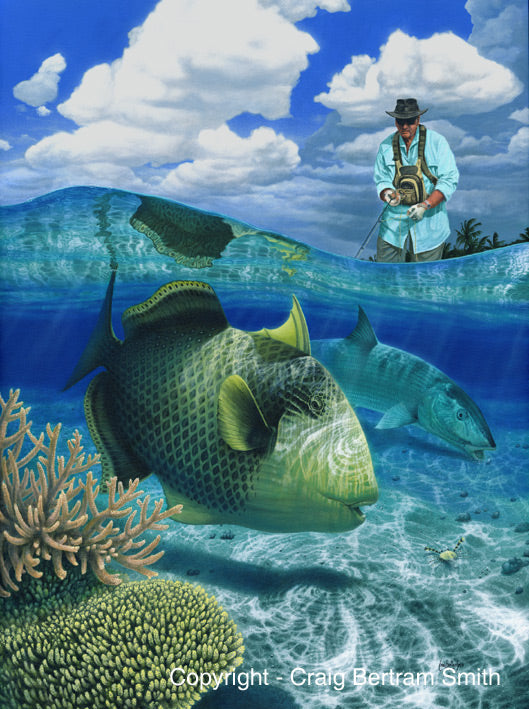 a painting of a fly fisherman stripping a fly to a yellow margin triggerfish