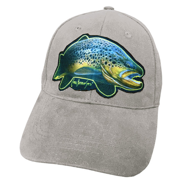 grey cap with brown trout artwork