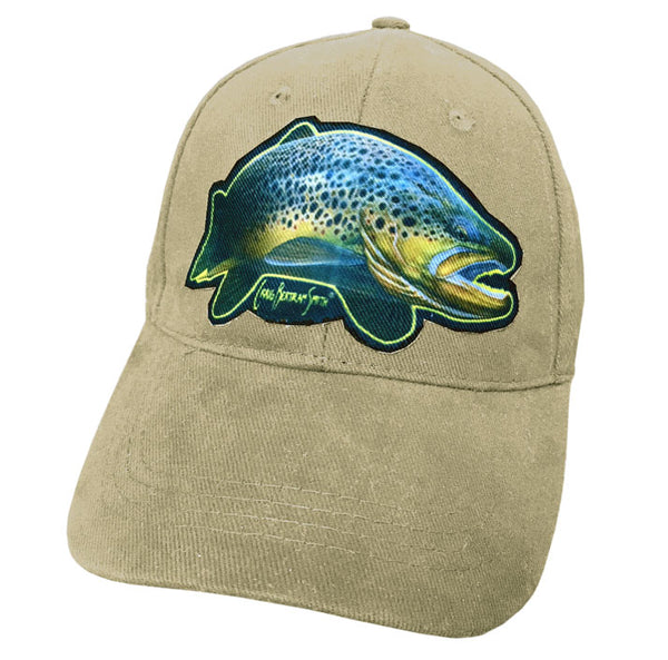 Beige cap with brown trout artwork