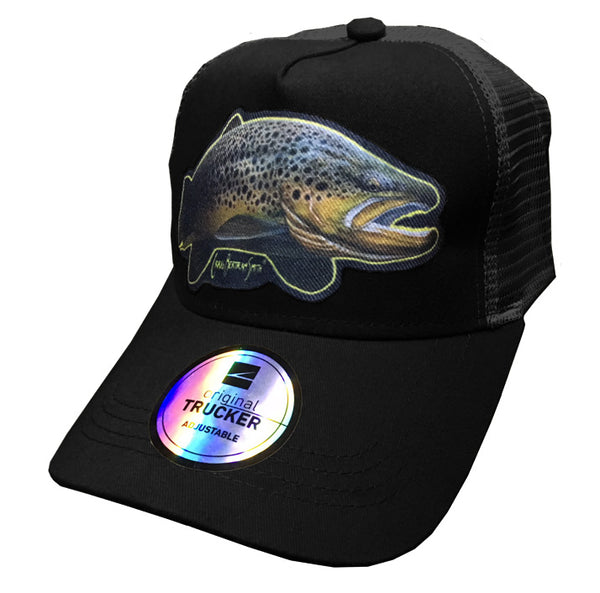 black trucker cap with brown trout artwork