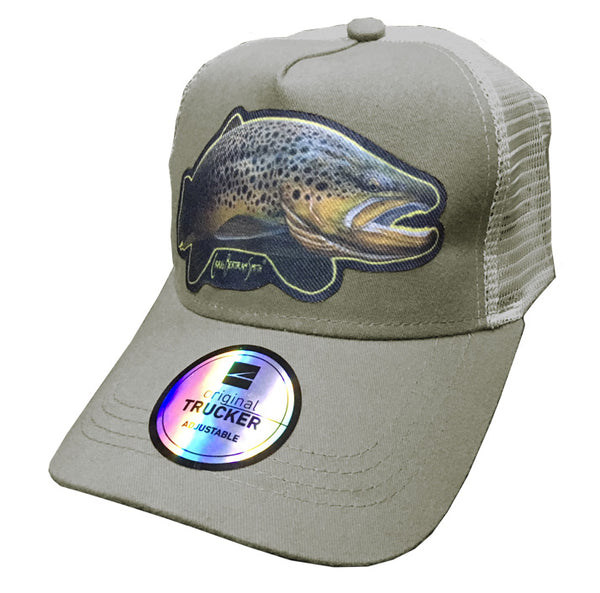 grey trucker cap with brown trout artwork