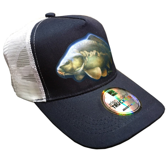 navy and white trucker cap with carp artwork