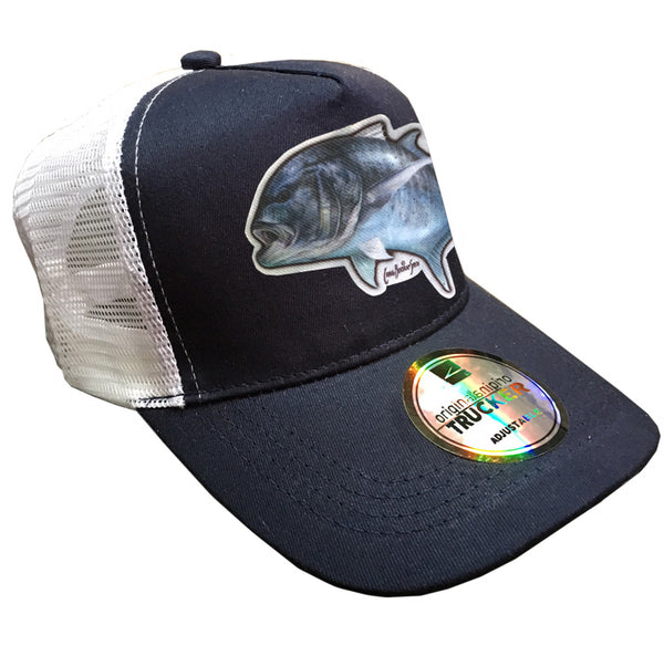 navy and white trucker cap with a GT on it