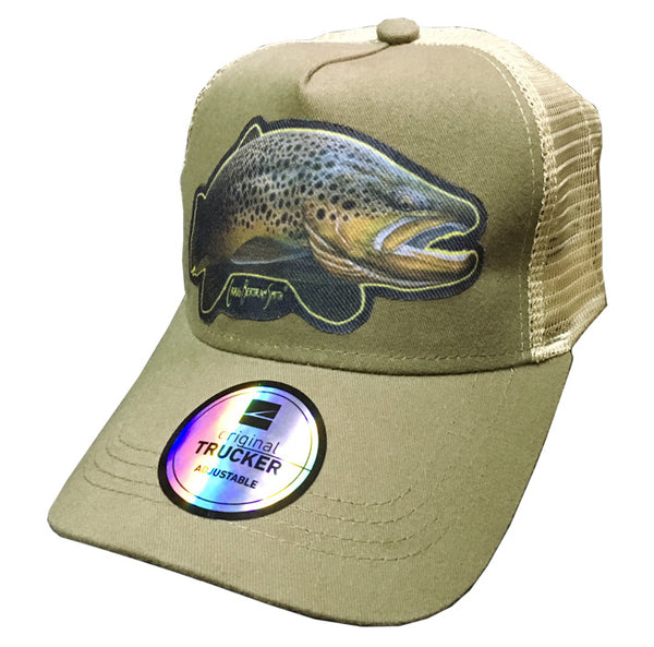 Khaki trucker cap with brown trout artwork
