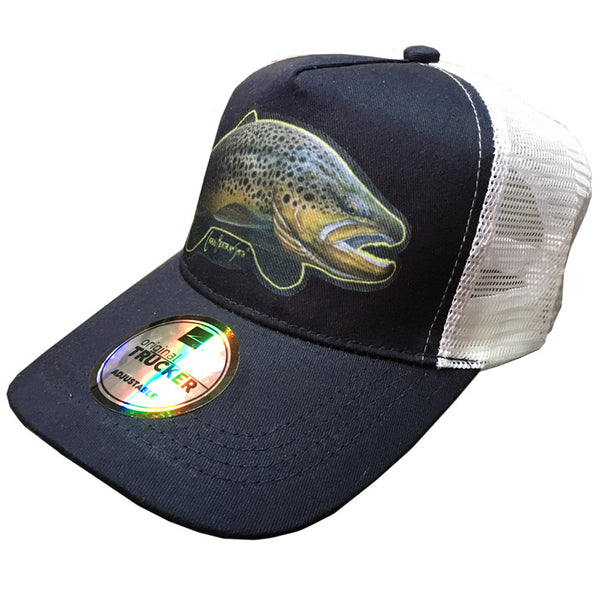 navy and white trucker cap with brown trout artwork